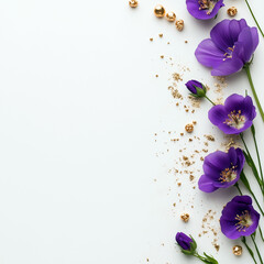 White background with purple flowers and gold beads. Minimalistic background.