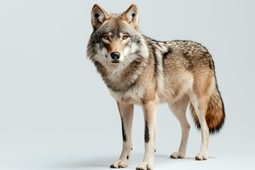 Obraz premium Majestic gray wolf standing alert on white background, full body portrait showing detailed fur texture and natural coloring. Wildlife photography for conservation projects.