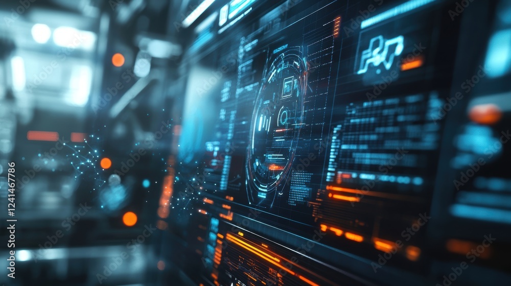 Poster futuristic control panel displaying data analysis and various metrics, representing the cutting edge