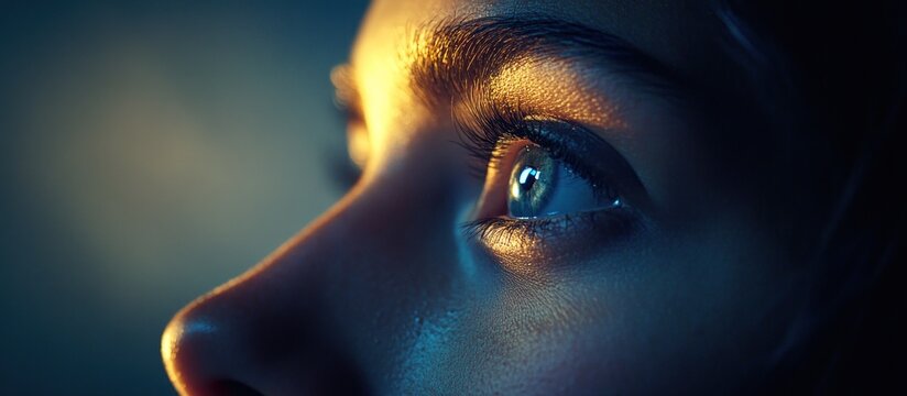 Woman's eye gazing, lit from behind, dark background, hope concept