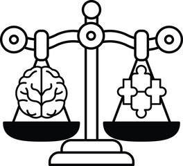A black and white drawing of a scale with a brain on one side