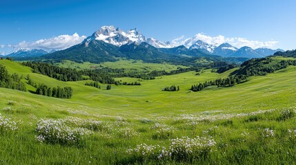 Sunny alpine meadow, snow-capped mountains, green valley