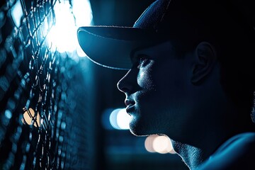  Lone baseball player stands in the dugout, his hat pulled low as he mentally prepares for the upcoming game, deep in thought.