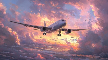 Airplane Landing in Colorful Sunset Sky with Dramatic Cloud Formation