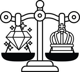A black and white drawing of a scale with a diamond on one side
