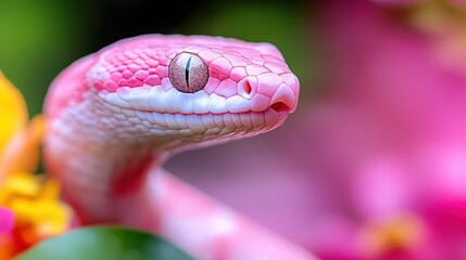 Fototapeta premium This breathtaking image features a pink snake poised gracefully among vivid flowers, showcasing the snake's unique colors and textures in a stunning natural habitat.