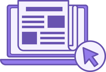 Colored Online News Icon. Vector Icon. Laptop, Newspaper, and Computer Mouse Cursor. Journalism Concept