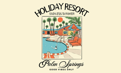 Holiday resort design. Palm tree with swimming pool colorful retro print artwork. Palm springs watercolor graphic print design for t shirt print, poster, sticker, background and other uses.