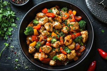  Stir-fried chicken with broccoli, red bell peppers, and yellow peppers in rich savory sauce, served in black bowl, vibrant colors, fresh ingredients, delicious and healthy Asian cuisine.