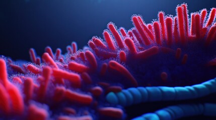 Microscopic red cilia, vibrant blue background, cellular structure, medical research