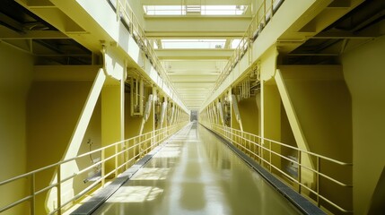 Fototapeta premium Yellow industrial walkway, power plant interior, sunlight, machinery, engineering
