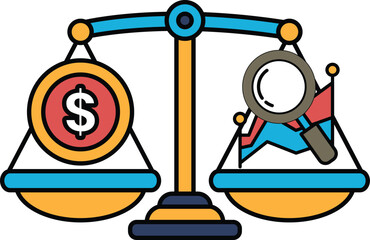 A scale with a dollar sign on one side and a magnifying glass on the other