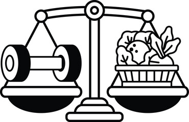 A scale with a basket of vegetables on one side and a tire on the other