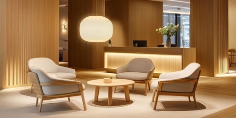 Fototapeta premium Modern minimalist lobby lounge area design with wooden accents