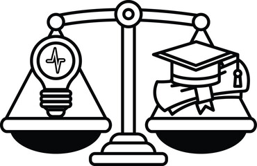 A scale with a light bulb on one side and a graduation cap on the other