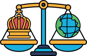 A scale with a crown on one side and a globe on the other