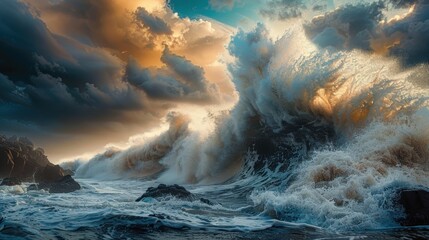 Fototapeta premium Majestic Ocean Wave Crashes Dramatically Against Rocky Shoreline at Sunset