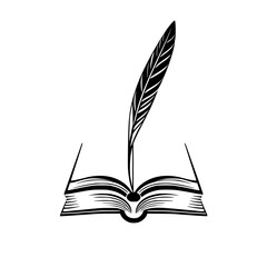 Elegant Feather Pen on Open Book: A Symbol of Writing, Reading, and Literary Passion