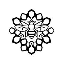 Bee and Honeycomb: A Black and White Geometric Design. Perfect for nature lovers and honey enthusiasts.  A visually striking symbol of pollination and sweetness.