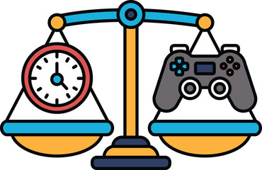 A scale with a clock on one side and a video game controller on the other