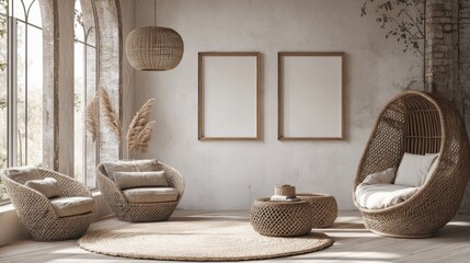 Cozy Modern Living Room with Wicker Furniture and Natural Light