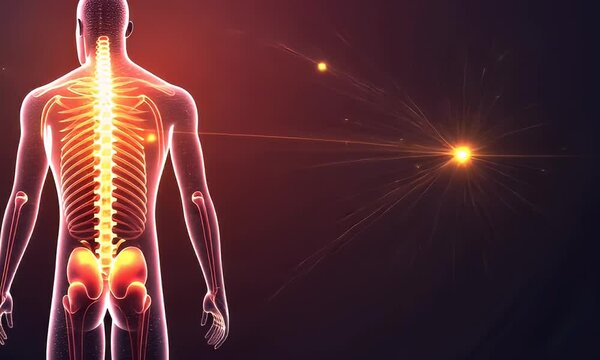 Human spine anatomy, back view, glowing, dark background, medical illustration