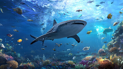Fototapeta premium Giant Shark Powerfully Navigating the Ocean Depths