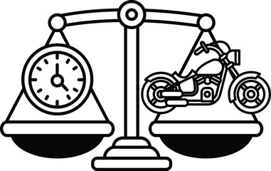 A black and white drawing of a scale with a motorcycle on one side