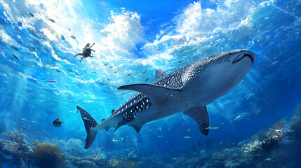 Fototapeta premium Giant Shark Powerfully Navigating the Ocean Depths