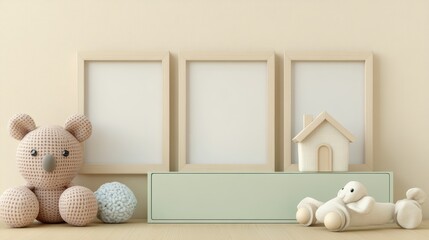 Cozy Nursery Display with Blank Frames and Soft Plush Toys
