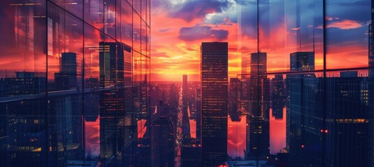 Obraz premium Captivating City Skyline Silhouette at Twilight Against a Vibrant Sunset Reflection