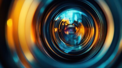 Camera lens close-up, city reflection, bokeh, sunset, photography