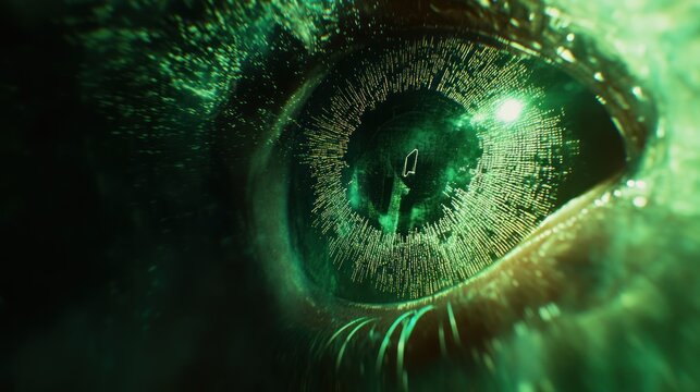 Close-up green eye, digital code reflection, dark background, futuristic concept