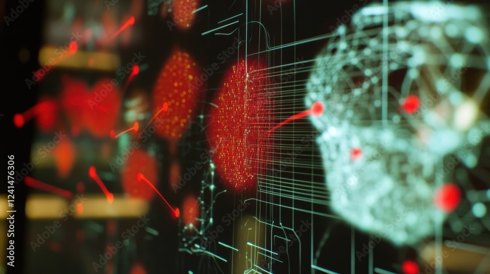 Poster complex data streams and connections are visualized on a vibrant digital display, showcasing an inno