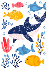 Naklejka premium Blue whale swimming in sea or ocean. Giant underwater animal.