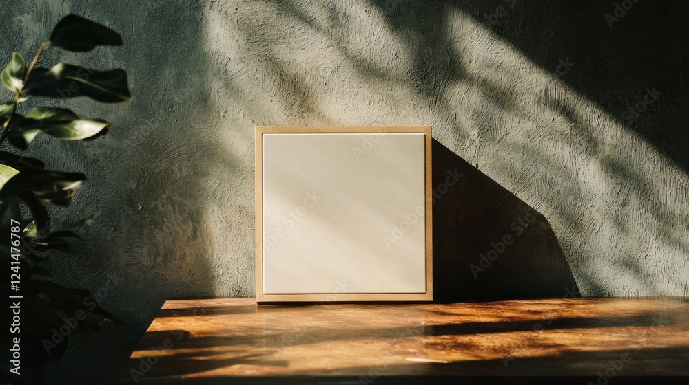 Poster A peaceful indoor space features a blank canvas resting on a beautifully grained wooden table. Soft sunlight filters through, creating gentle shadows that enhance the tranquil atmosphere