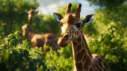 Obraz premium Close-up of a giraffe in a lush African forest.