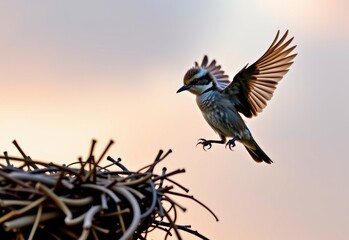 Obraz premium A baby bird perched on the edge of its nest, ready to take its first flight, symbolizing hope, new beginnings, and courage.
