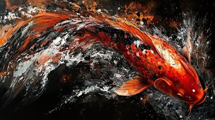 A colorful watercolor artwork of a koi fish set against a black background, with abstract splashes drawing attention to its vibrant red, white, and black patterns
