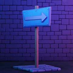 A stylized directional sign points right against a dark brick wall.  Neon lighting adds a vibrant glow.
