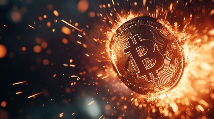 Flaming Bitcoin cryptocurrency explodes, dark background, digital finance