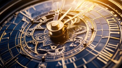 Fototapeta premium Close-up antique clock, ornate detail, golden hands, sunlit background, time concept