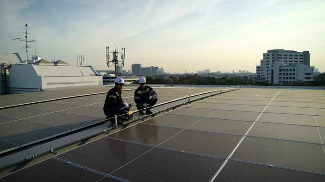 Workers perform maintenance on solar panels at a rooftop installation site during the afternoon,   workers dressed in bright safety gear inspect and maintain solar panels on a rooftop. The clear sky