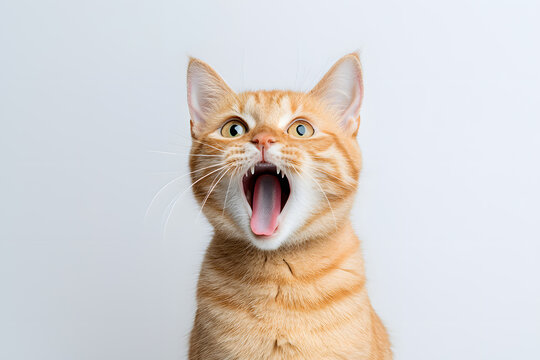 Ginger cat with excited wow face against white background