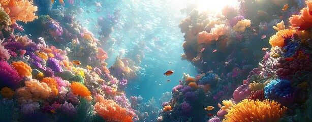 Obraz premium Beneath the waves, a tropical coral reef with its fish and corals unfolds. The captivating marine life forms an abstract natural backdrop, featuring a gorgeous coral garden underwater, epitomizing