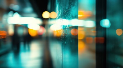 Fototapeta premium Night city reflection, glass wall, blurred pedestrians, urban background, advertisement