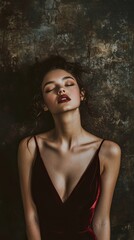 Fototapeta premium Elegant young woman in a burgundy dress poses against a textured background with soft lighting for a timeless portrait