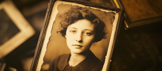 Vintage woman portrait photo among old frames