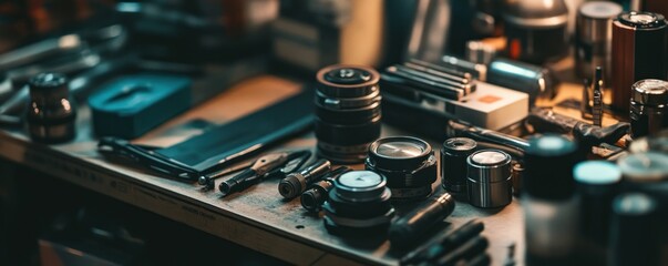 Workshop lenses repair cluttered table