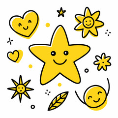 Hand-Drawn Doodles with Yellow Stars, Hearts, and Smiley Faces in Playful Sketchy Style